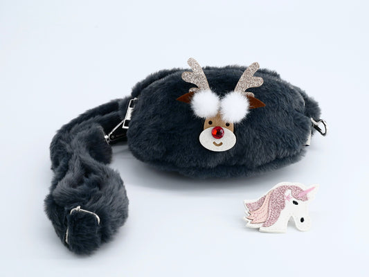Plüsch Bauchtasche: grau, Rentier/Einhorn