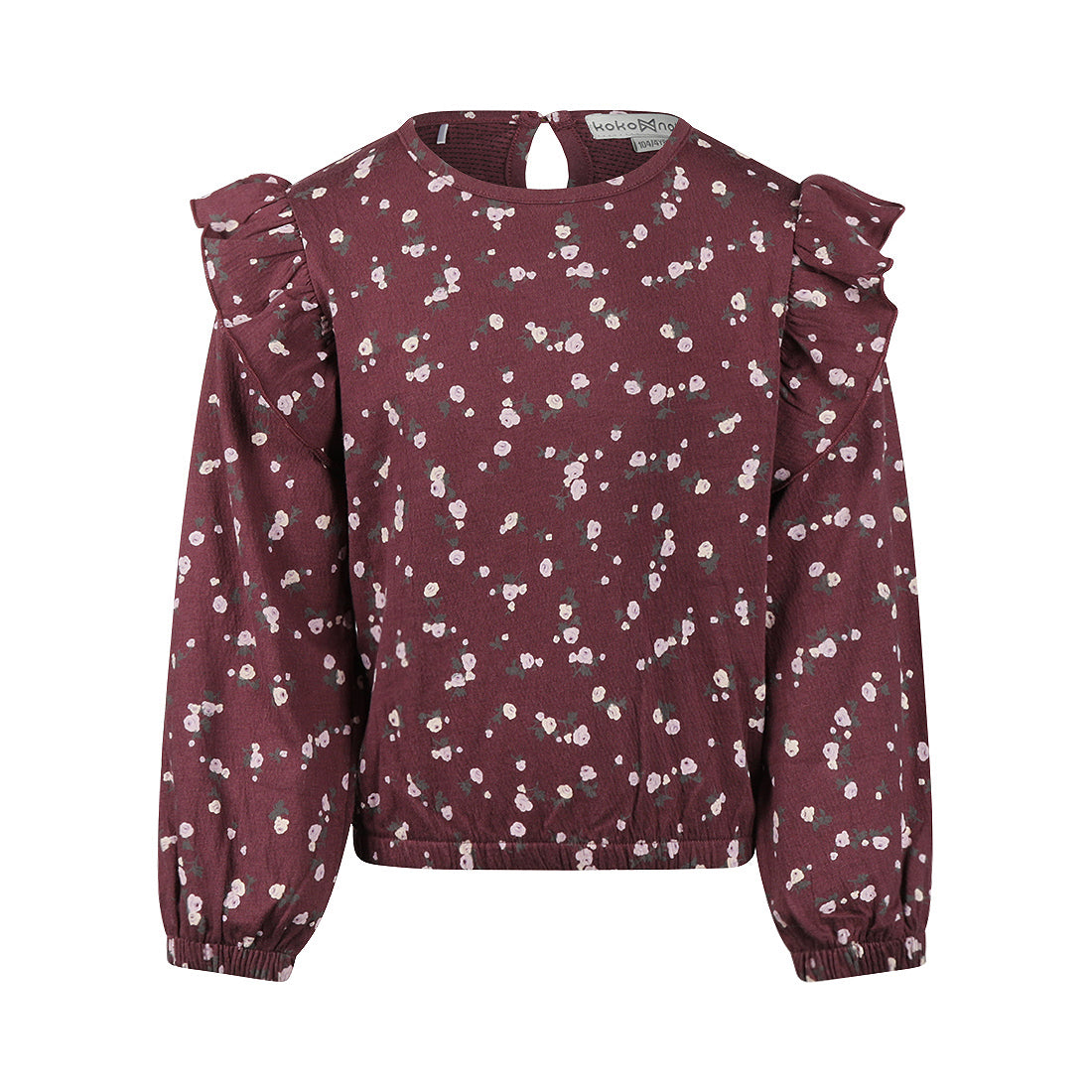 Bluse dunkelviolett, Blumenmuster, Rüschen