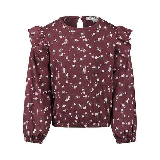 Bluse dunkelviolett, Blumenmuster, Rüschen