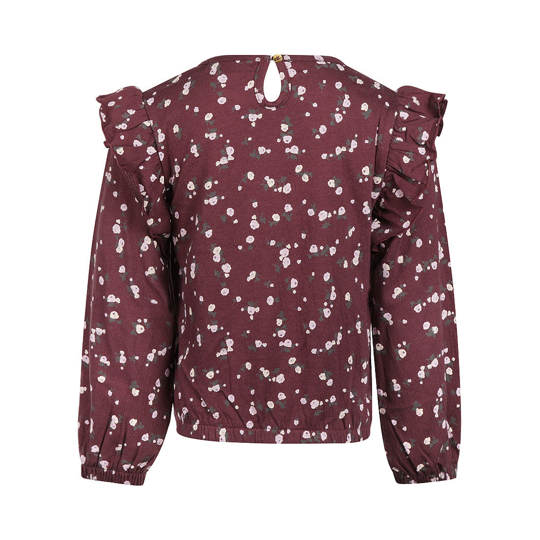 Bluse dunkelviolett, Blumenmuster, Rüschen