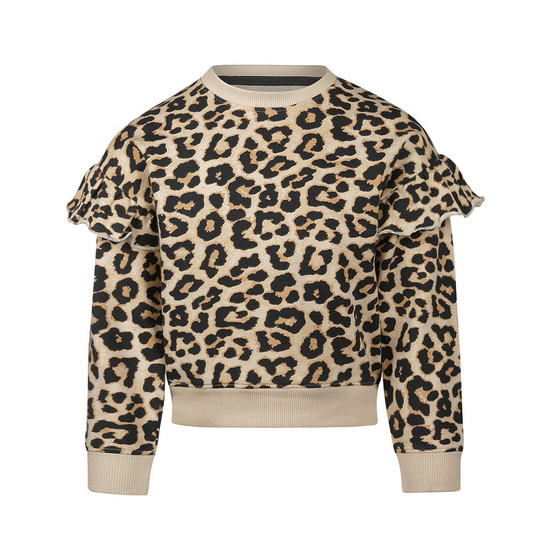 Pullover, cremefarben, mit Leopardenmuster und Rüschen