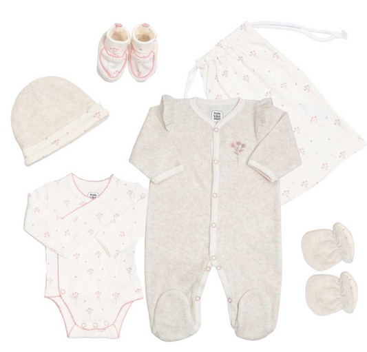 Trois Kilos Sept Set: Strampler,Body,Mütze,Schuhe,Handschuhe,Beutel: beige,rosa